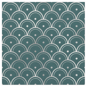 Art Deco Teal Silver Scales Dots Fabric