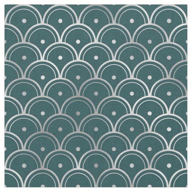 Art Deco Teal Silver Scales Dots Fabric (Close Up)
