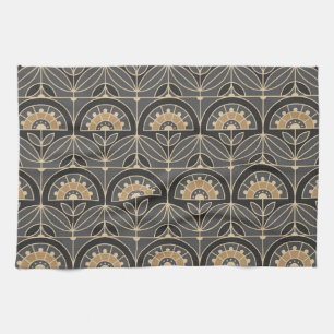 Art Deco Tile Floral (grey and sand) Tea Towel
