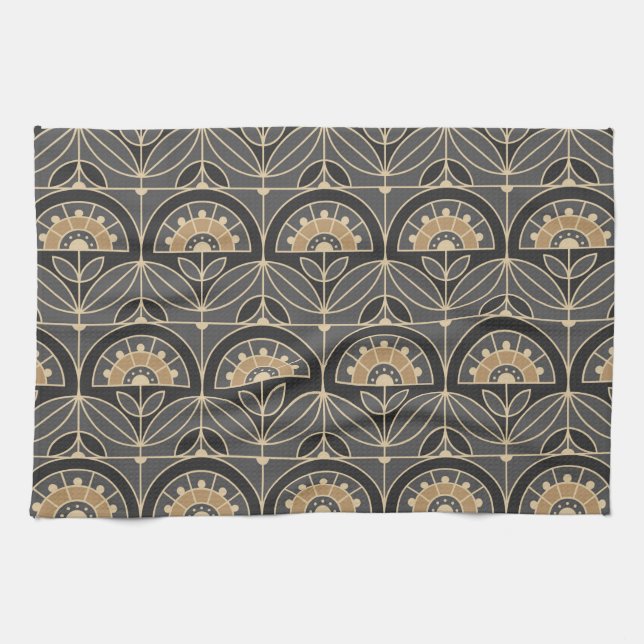 Art Deco Tile Floral (grey and sand) Tea Towel (Horizontal)