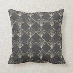 Art Deco Tile Line Art Pattern in Black and Gold Cushion