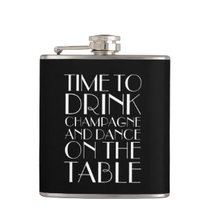 Art Deco Time to Drink Champagne Black & White Hip Flask