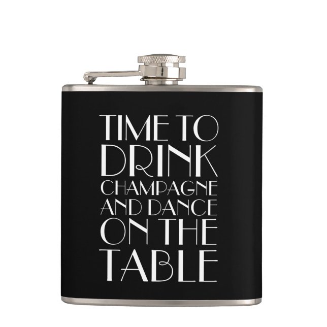 Art Deco Time to Drink Champagne Black & White Hip Flask (Front)