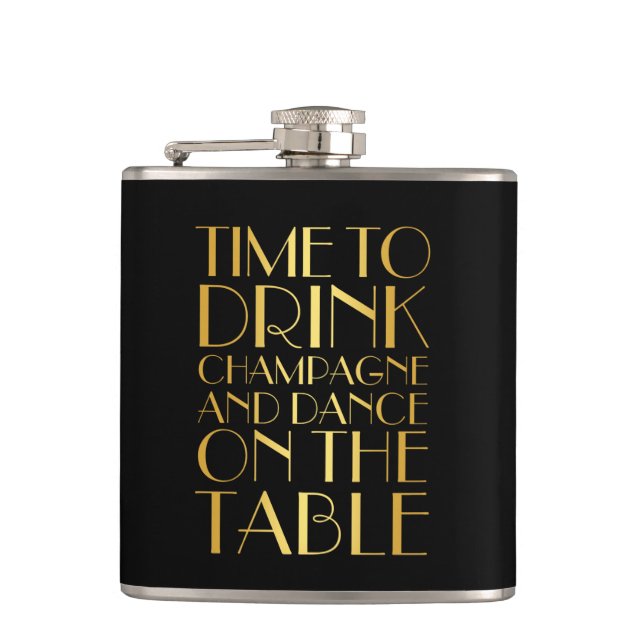 Art Deco Time to Drink Champagne Gold Flask (Front)
