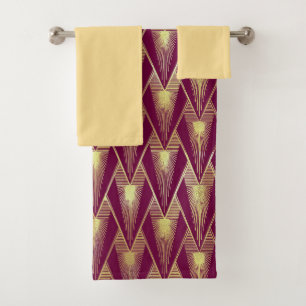 Art Deco Towel Set Yellow and Maroon.