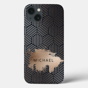Art Deco Trendy Hexagon Navy Blue Bronze Foil Line iPhone 13 Case