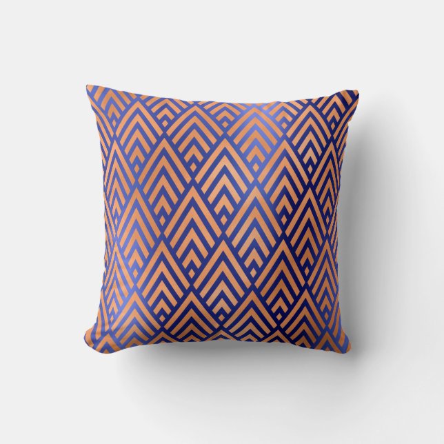 Art Deco Triangle Geometry Warm Copper Cobalt Blu Cushion (Front)
