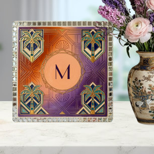 Art Deco Tropical Orange Palm Tree Monogram  Ceramic Tile