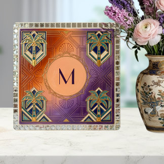 Art Deco Tropical Orange Palm Tree Monogram Ceramic Tile