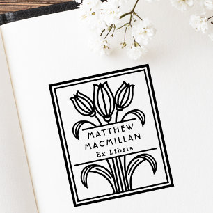 Art Deco Tulip name Ex libris library book Rubber Stamp