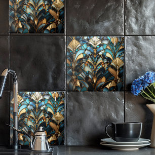 Art Deco Turquoise Black Gold Fan Ceramic Tile