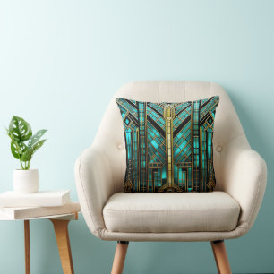 Art Deco Turquoise Gold Black Geometric Cushion