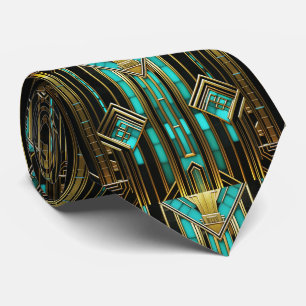 Art Deco Turquoise Gold Black Geometric Tie