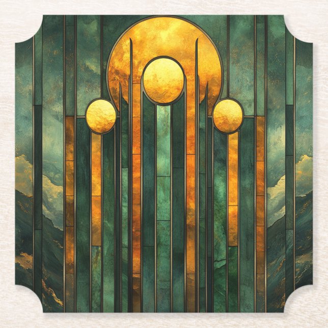  Art Deco Turquoise Green Gold Sun Paper Coaster (Front)