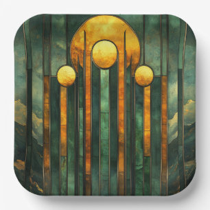 Art Deco Turquoise Green Gold Sun Paper Plate
