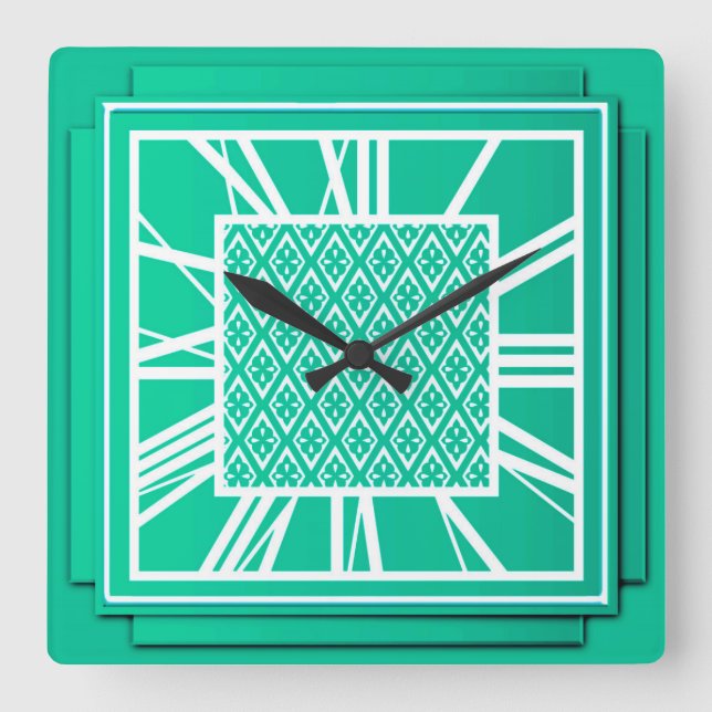 Art Deco, turquoise / peacock Square Wall Clock (Front)