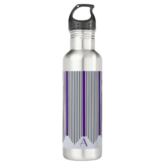 Art Deco Vertical Lines, Purple & Black, Monogram 710 Ml Water Bottle (Front)