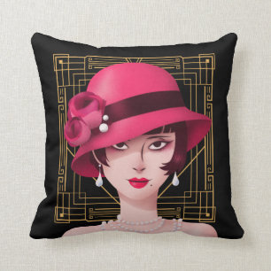 Art Deco Vintage 1920s Lady Gold Frame Black Cushion