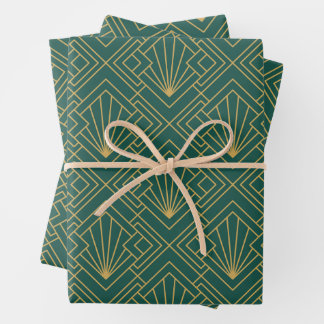 Art Deco Vintage Abstract Geometric Green and Gold Wrapping Paper Sheet