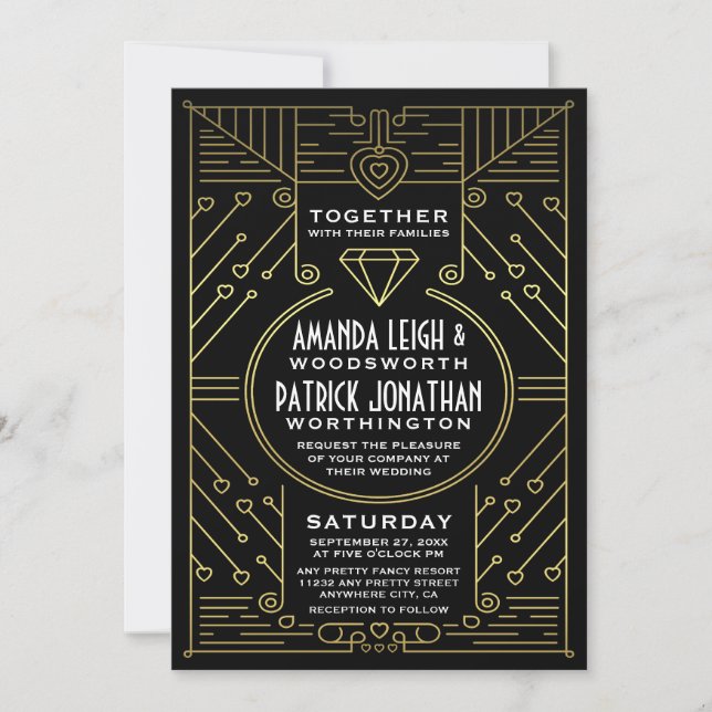 Art Deco Vintage Black & Gold Wedding Invitations (Front)