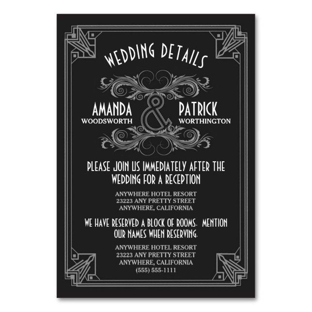 Art Deco Vintage Black Wedding Inserts Cards (Front)