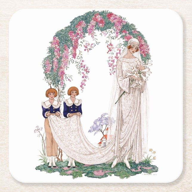 Art Deco Vintage Bride  Square Paper Coaster (Front)