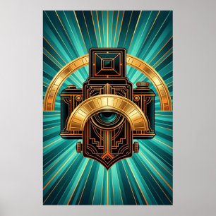 Art Deco Vintage Camera Lens Gold & Teal Poster