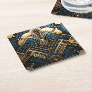 Art Deco Vintage Geometric Gold Teal Elegant Square Paper Coaster
