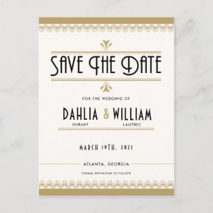 Art Deco Vintage Ivory Gold Save the Date Announcement Postcard