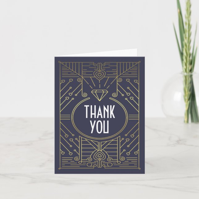 Art Deco Vintage Navy and Gold Wedding Thank You Card (Front)