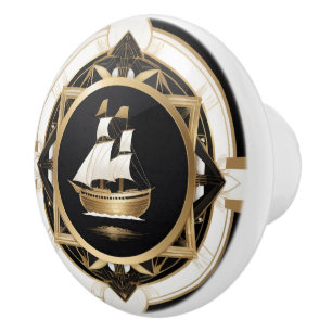 Art Deco Vintage Ship Black White Gold Nautical Ceramic Knob