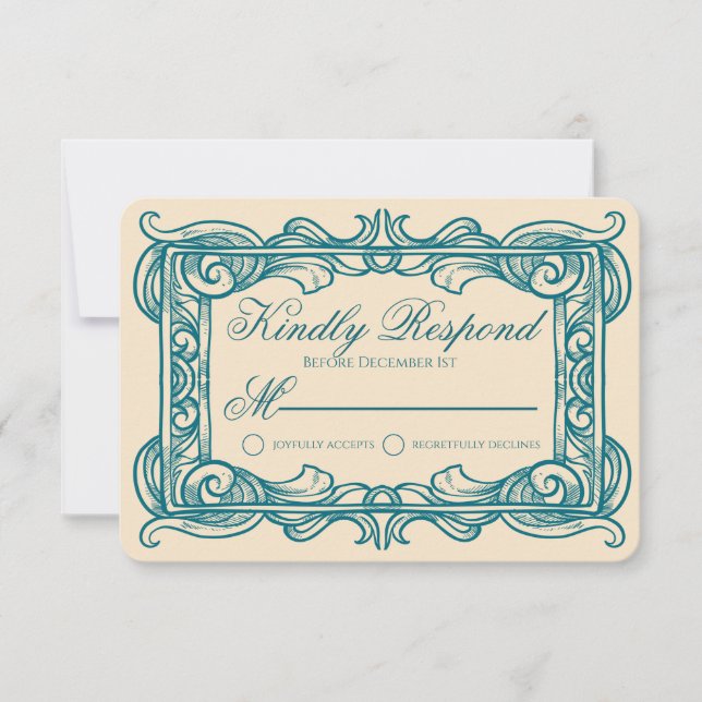 Art Deco Vintage Teal Champagne Wedding RSVP Card (Front)