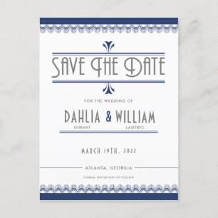 Art Deco Vintage White Navy Blue Save the Date Announcement Postcard