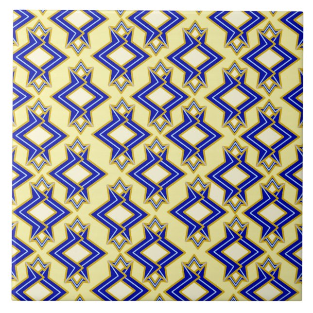 Art Deco Wallpaper Pattern, Beige and Blue Ceramic Tile (Front)