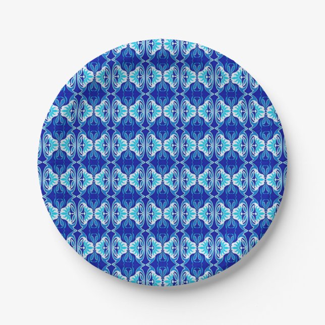 Art Deco wallpaper pattern - cobalt blue and white Paper Plate (Front)