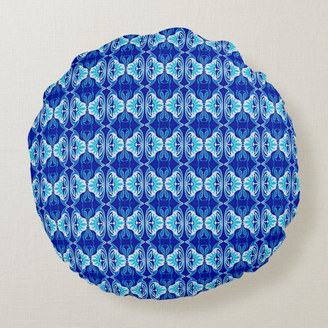 Art Deco wallpaper pattern - cobalt blue and white Round Cushion (Back)