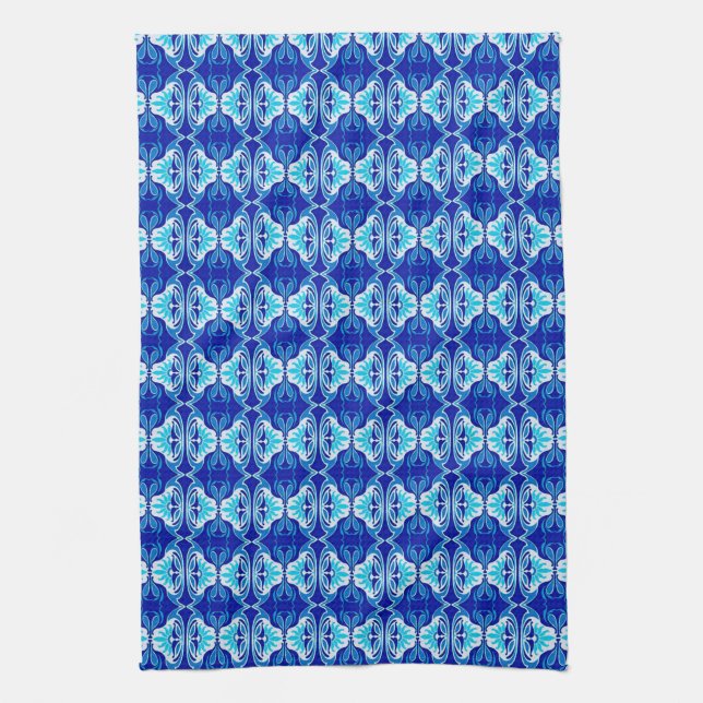 Art Deco wallpaper pattern - cobalt blue and white Tea Towel (Vertical)