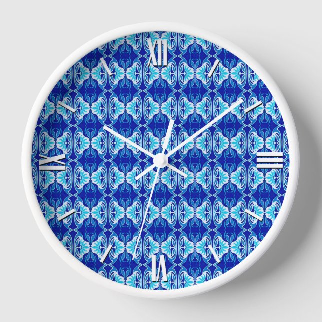 Art Deco wallpaper pattern - cobalt blue and white Wall Clock (Front)