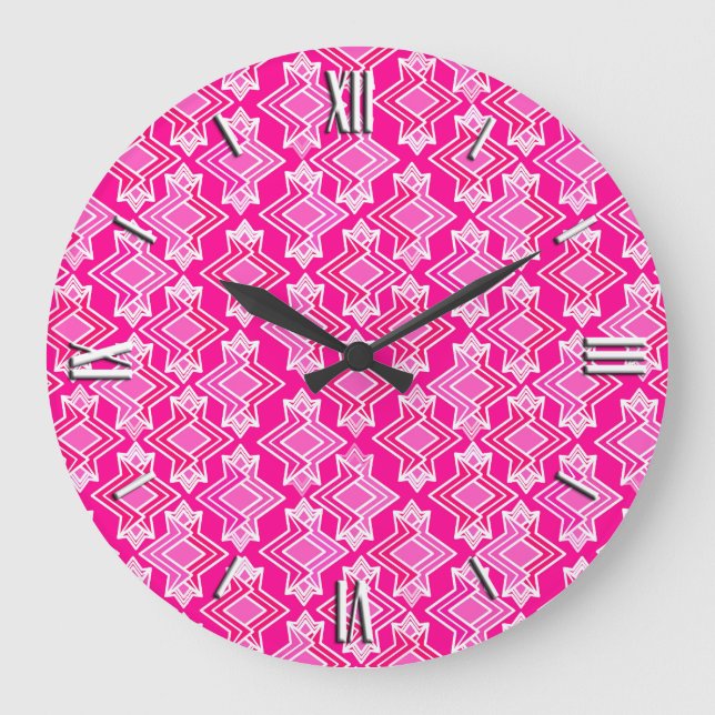 Art Deco Wallpaper Pattern, Fuchsia Pink Large Clock (Front)