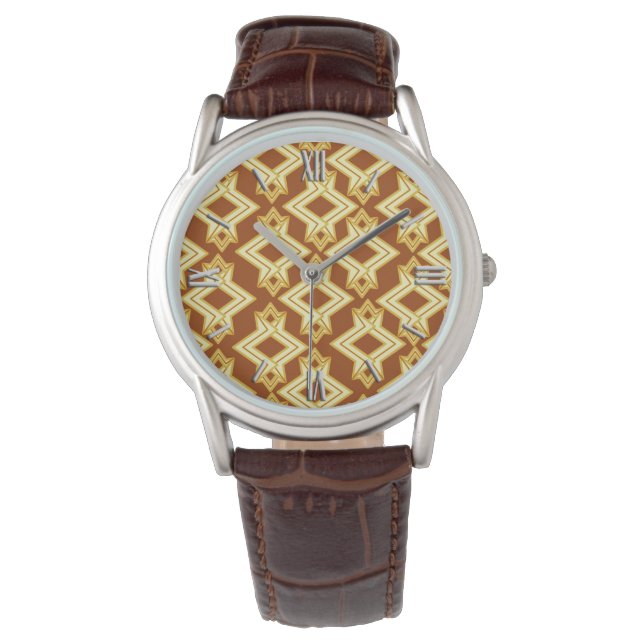 Art Deco Wallpaper Pattern, Golden Brown Watch (Front)