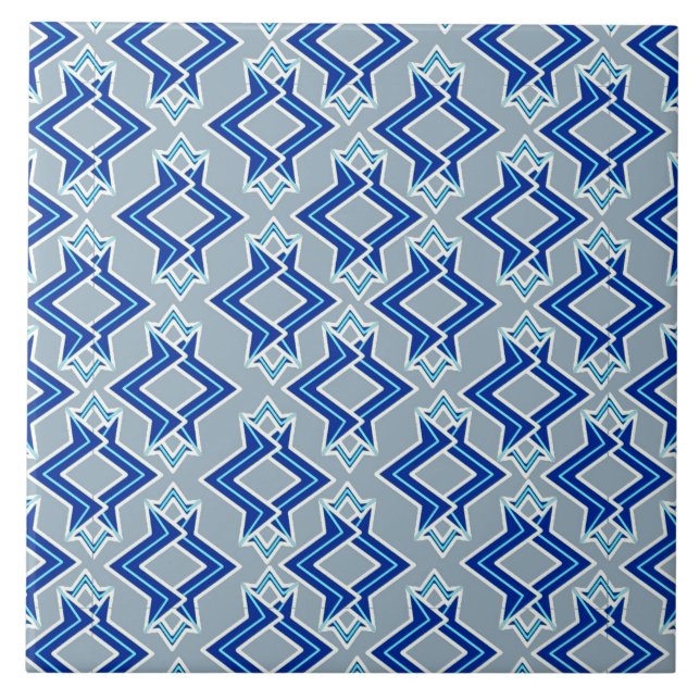 Art Deco Wallpaper Pattern, Grey / Grey and Blue Ceramic Tile (Front)