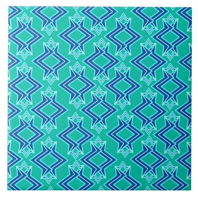 Art Deco Wallpaper Pattern, Turquoise and Cobalt Ceramic Tile (Front)