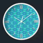 Art Deco Wallpaper Pattern, Turquoise and Cobalt Wall Clock<br><div class="desc">Art Deco geometric wallpaper pattern in cobalt blue,  aqua and white on a turquoise / peacock background</div>