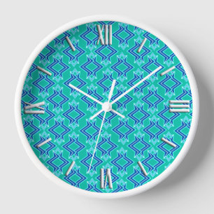 Art Deco Wallpaper Pattern, Turquoise and Cobalt Wall Clock