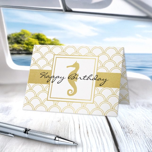 Art Deco Wave Gold Glitter Seahorse Birthday Card (Creator Uploaded)