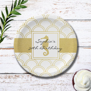 Art Deco Wave Gold Glitter Seahorse Birthday Party Paper Plate