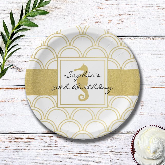 Art Deco Wave Gold Glitter Seahorse Birthday Party Paper Plate (Creator Uploaded)