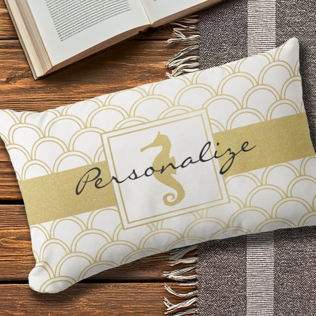 Art Deco Wave Gold Glitter Seahorse Outdoor Cushion (Creator Uploaded)