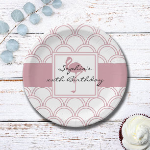 Art Deco Wave Patten Pink Flamingo Birthday Party Paper Plate