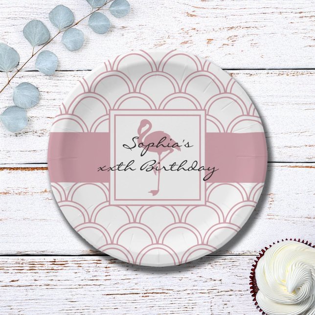 Art Deco Wave Patten Pink Flamingo Birthday Party Paper Plate (Creator Uploaded)